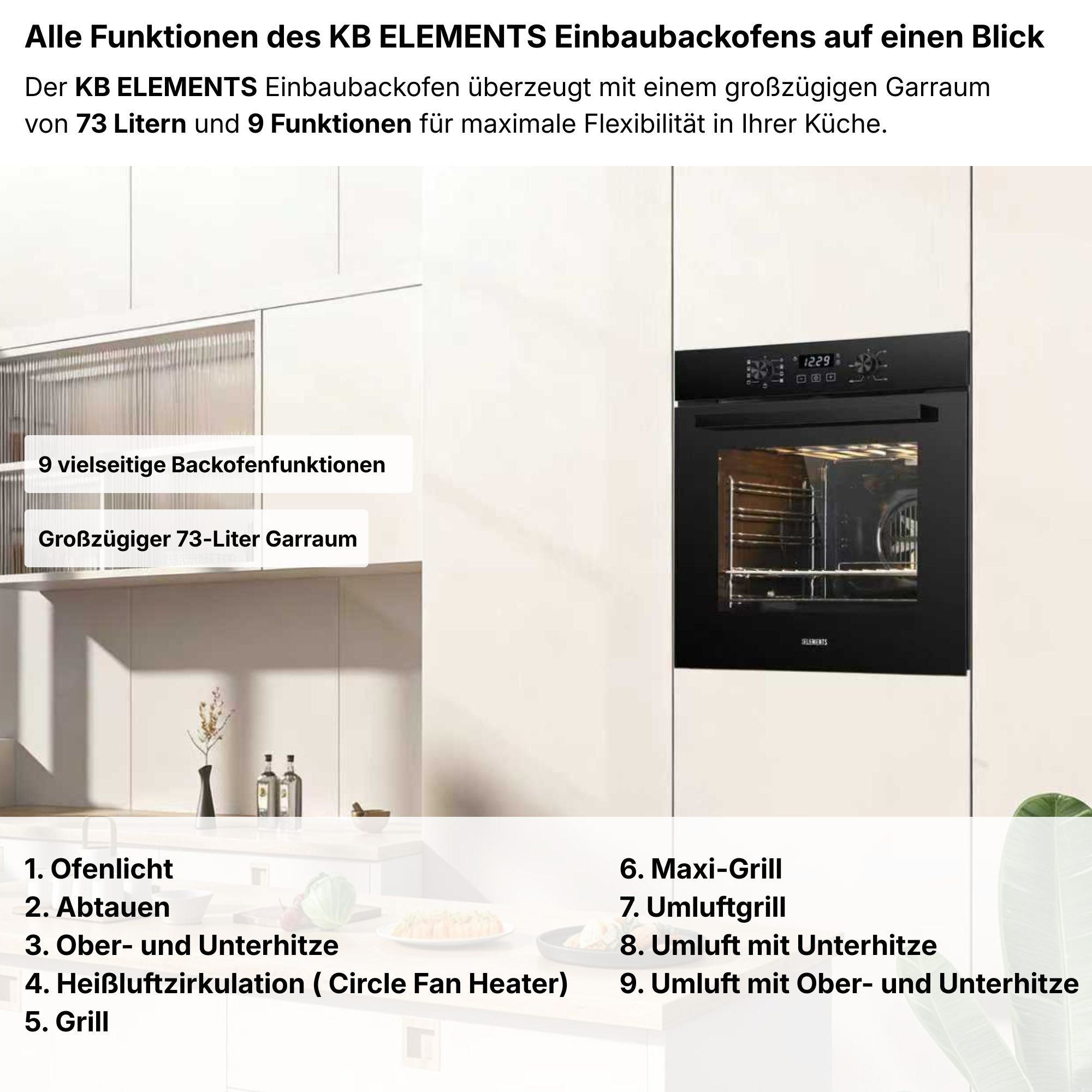 Ein moderner Einbaubackofen mit Touchscreen und neun Funktionen.