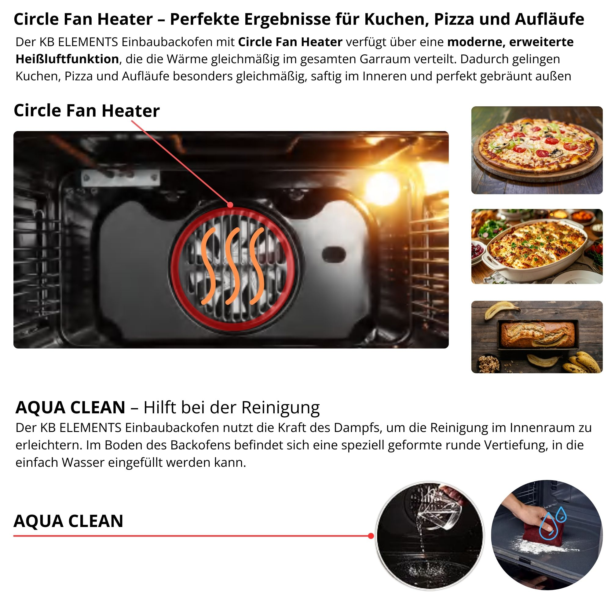Ein Backofen mit Ringheizung, Pizza, Auflauf und Bananenbrot werden gezeigt.