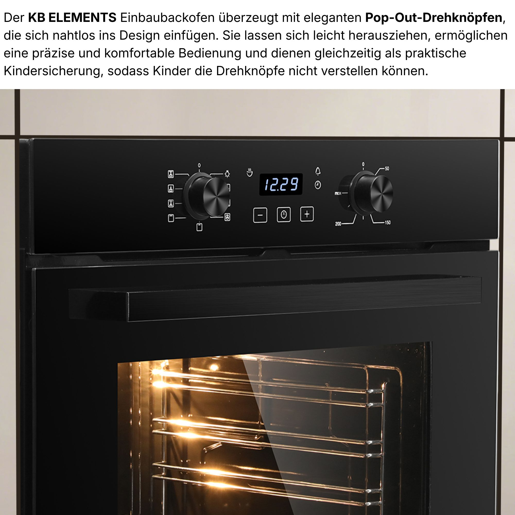 Schwarzer Einbaubackofen mit digitalen Bedienelementen und beleuchtetem Innenraum.