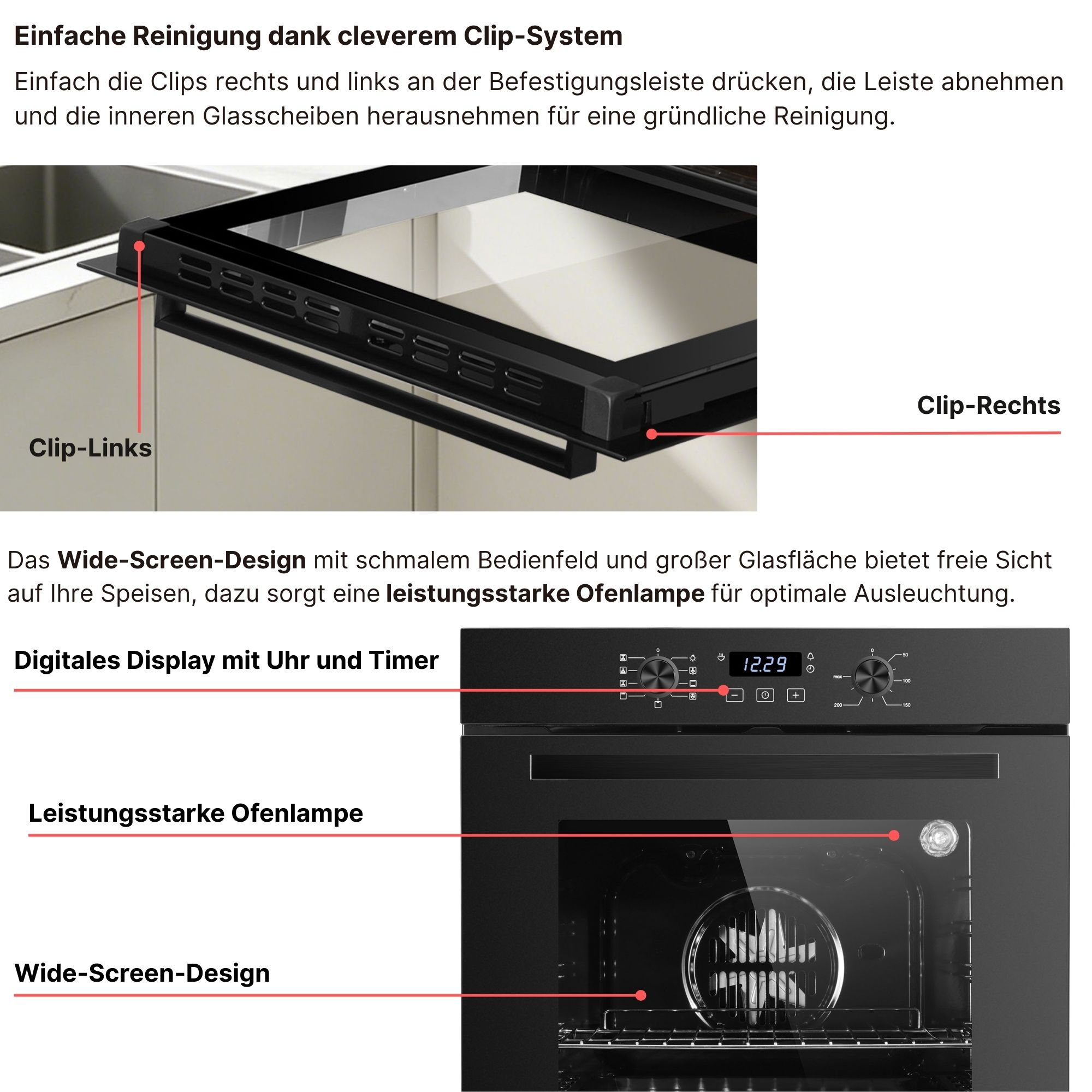 Einbauofen mit Clip-System, Display und Innenbeleuchtung.
