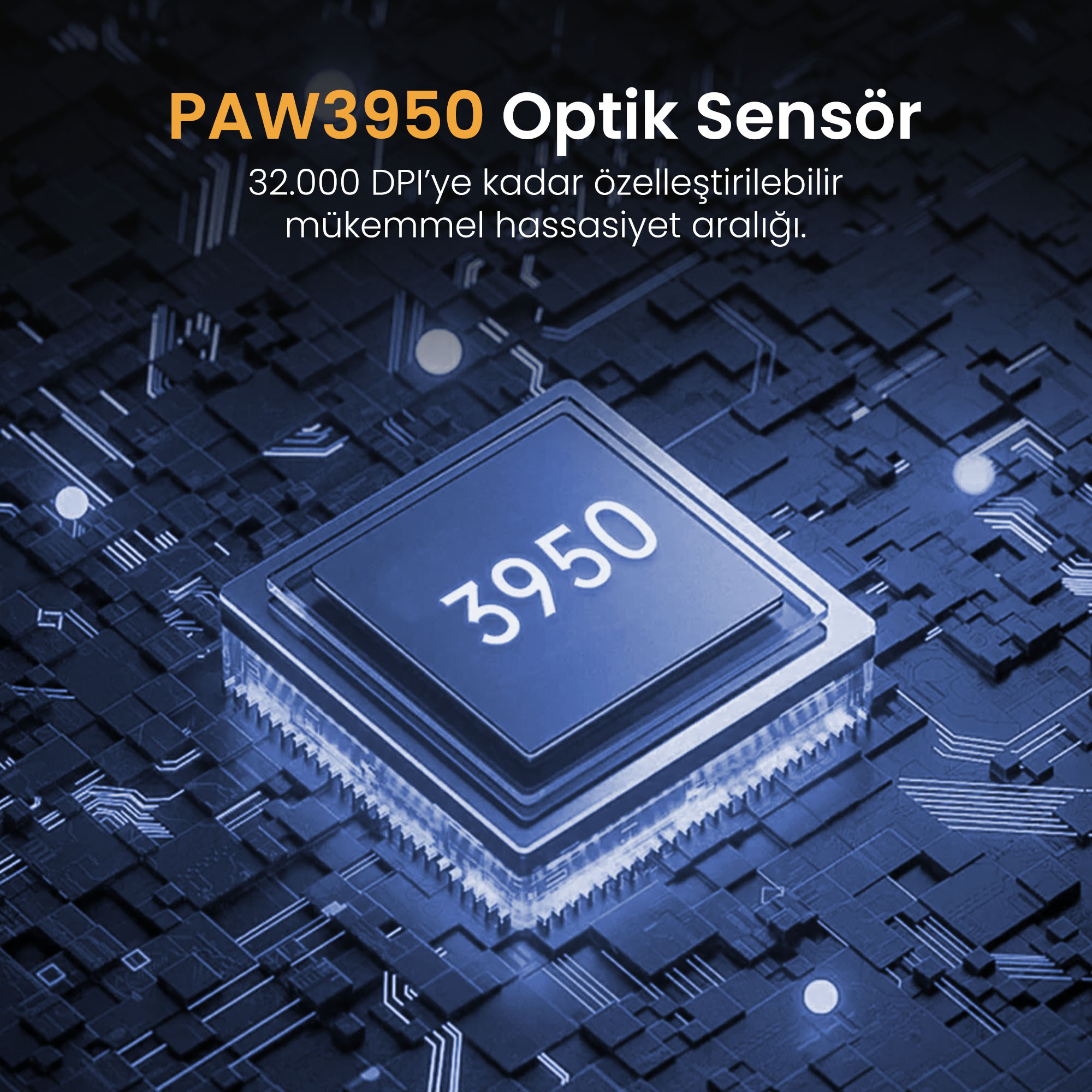 Niebieski chip z napisem 3950 na ciemnym, teksturowanym tle.