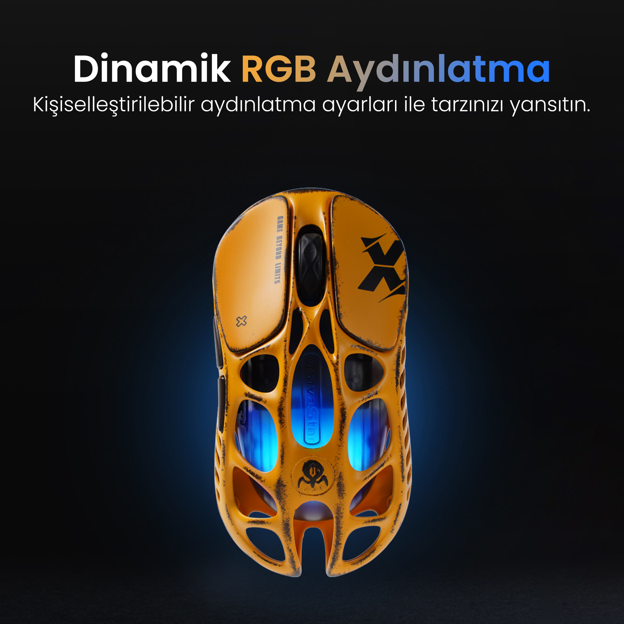 Mavi ışıklı, siyah detaylı sarı oyuncu faresi prototipi.