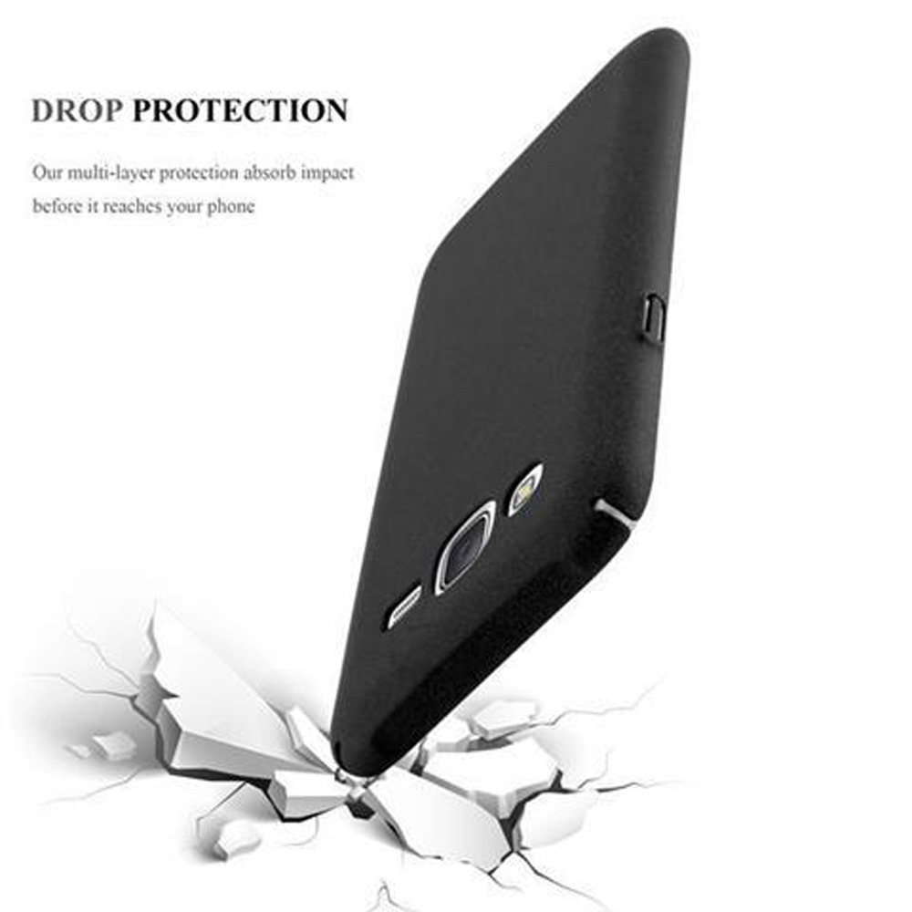 Cover nera protegge il telefono da cadute su superficie bianca.