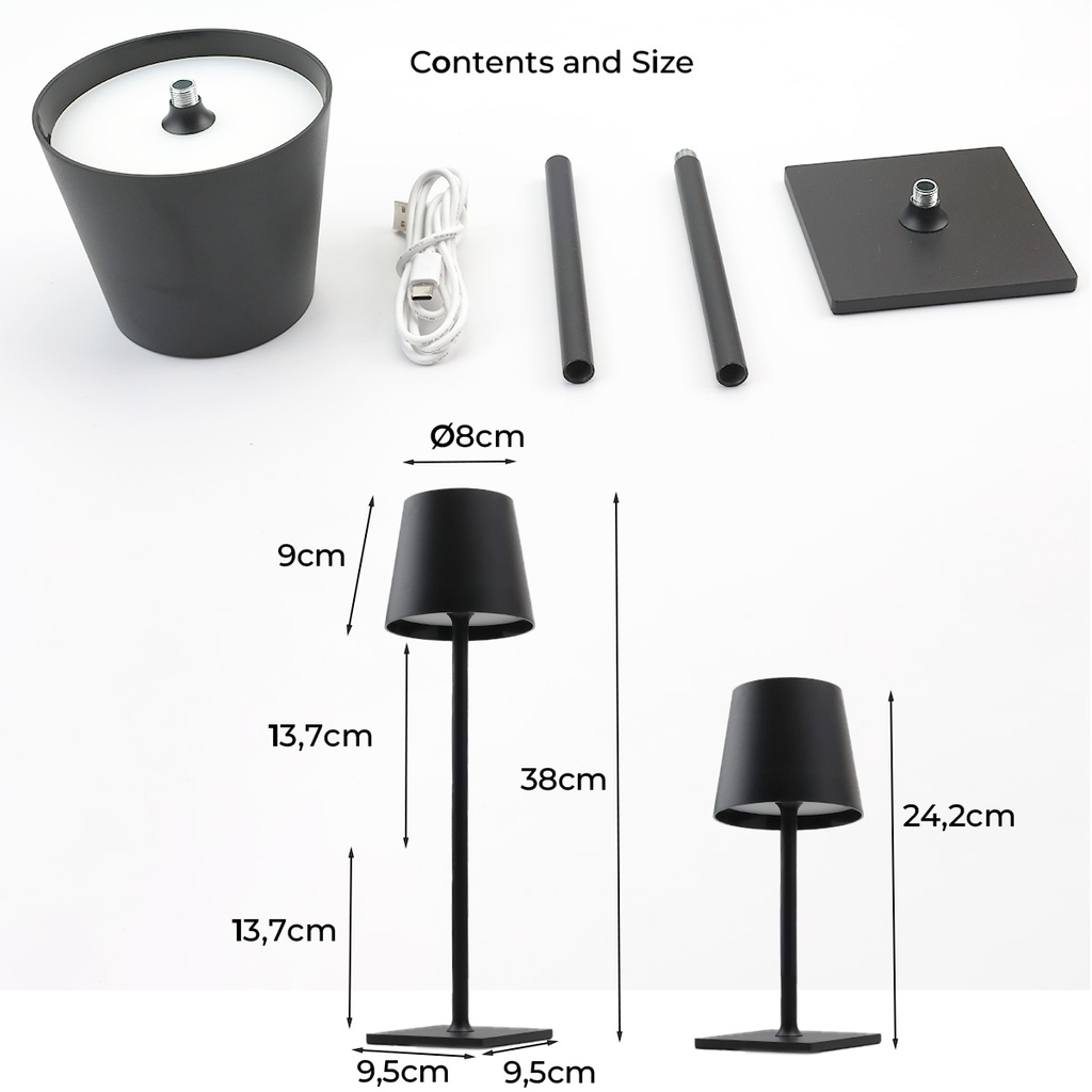 Lámparas de mesa negras con dimensiones y accesorios: cable USB, postes, base.