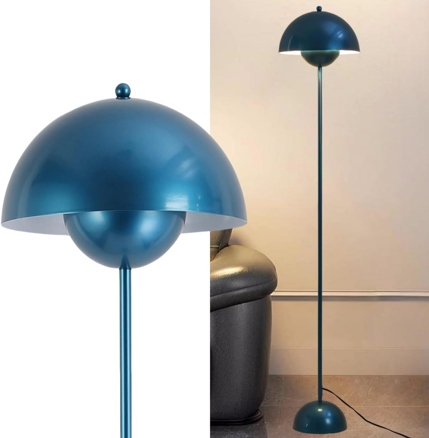 Una lámpara de pie azul con un inserto esférico. Junto a un sofá de cuero.
