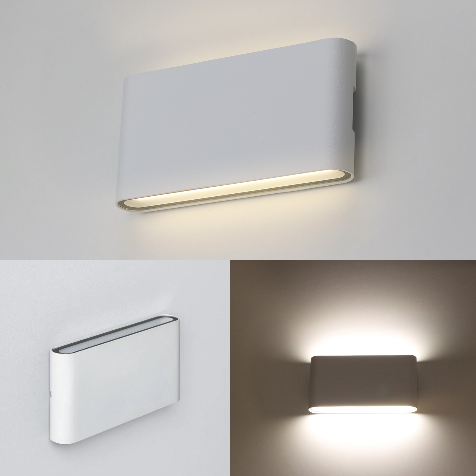 Aplique de pared blanco moderno, rectangular, con iluminación indirecta.
