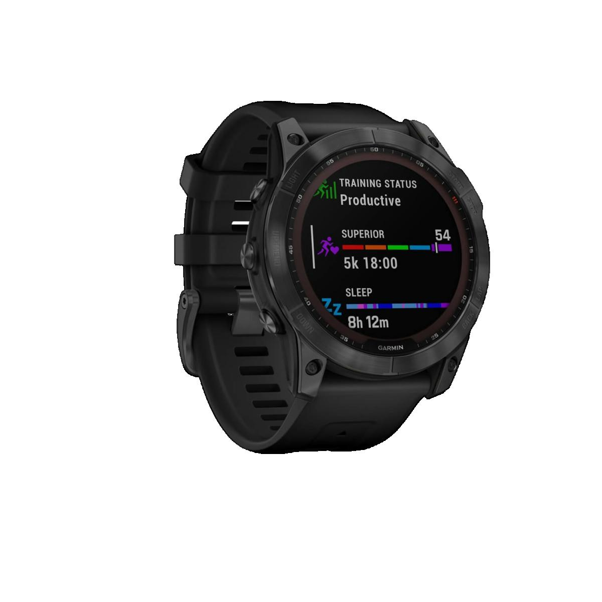 Schwarze Smartwatch mit Trainingsstatus 'Produktiv' und Schlafdaten.