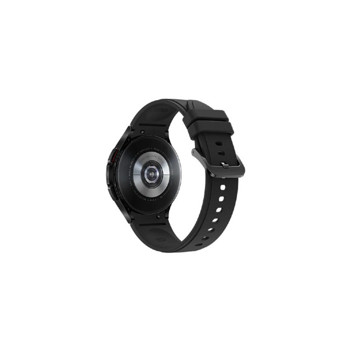 Vista posteriore di uno smartwatch nero con cinturino e dettaglio metallico.