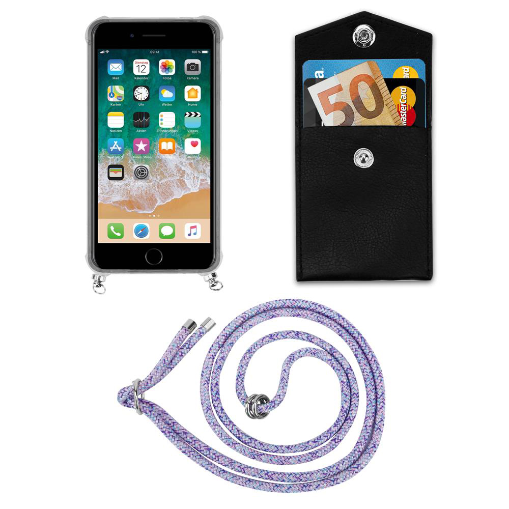 Uno smartphone in custodia, un porta carte nero con soldi e carte, e un cordino.