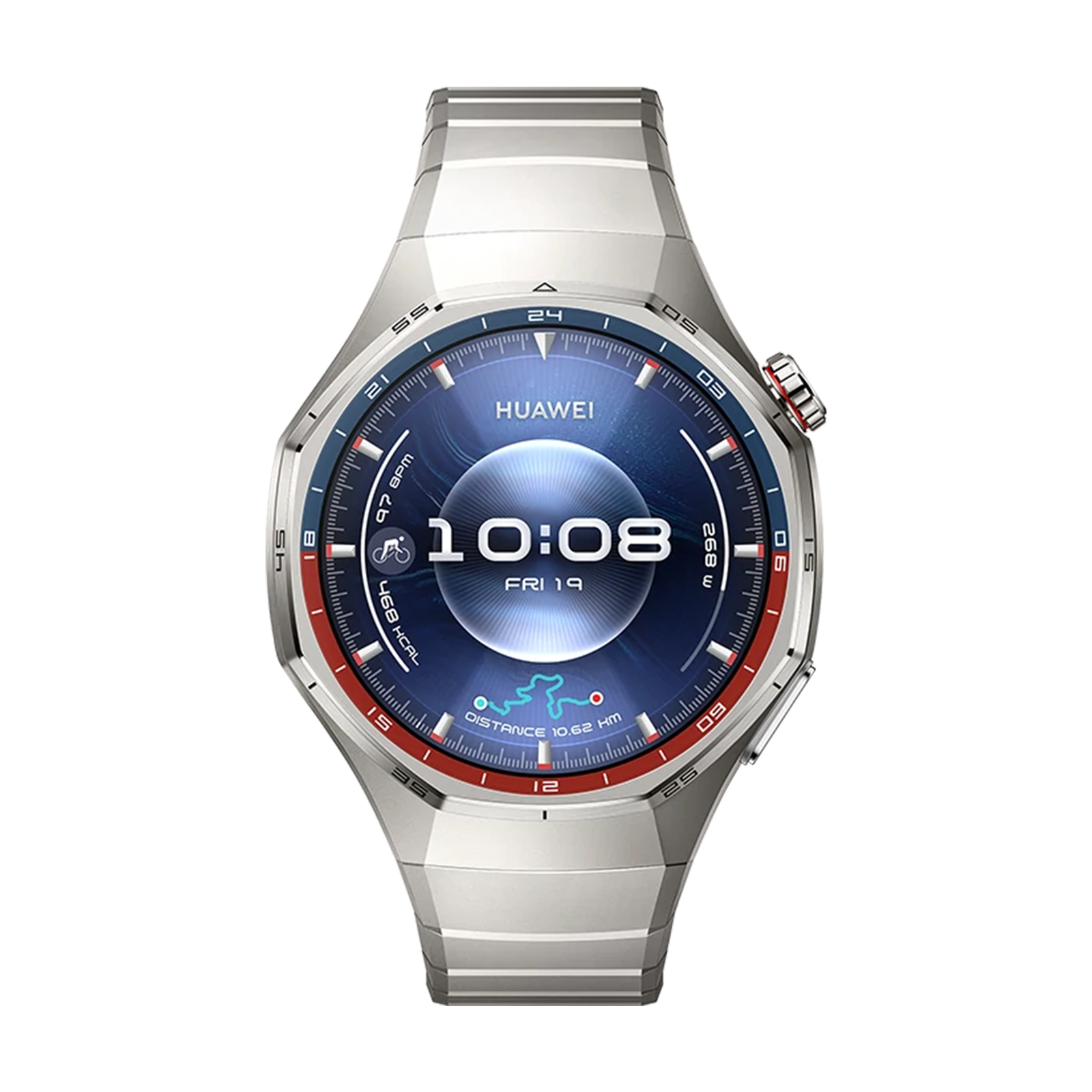 Srebrny smartwatch Huawei z niebieską tarczą pokazujący 10:08 i dystans.