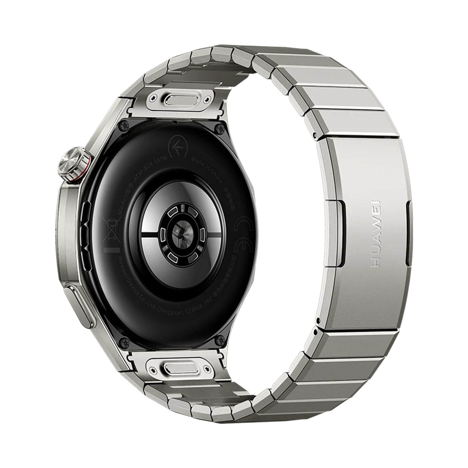 Tył srebrnego smartwatcha z metalową bransoletą i logo Huawei.