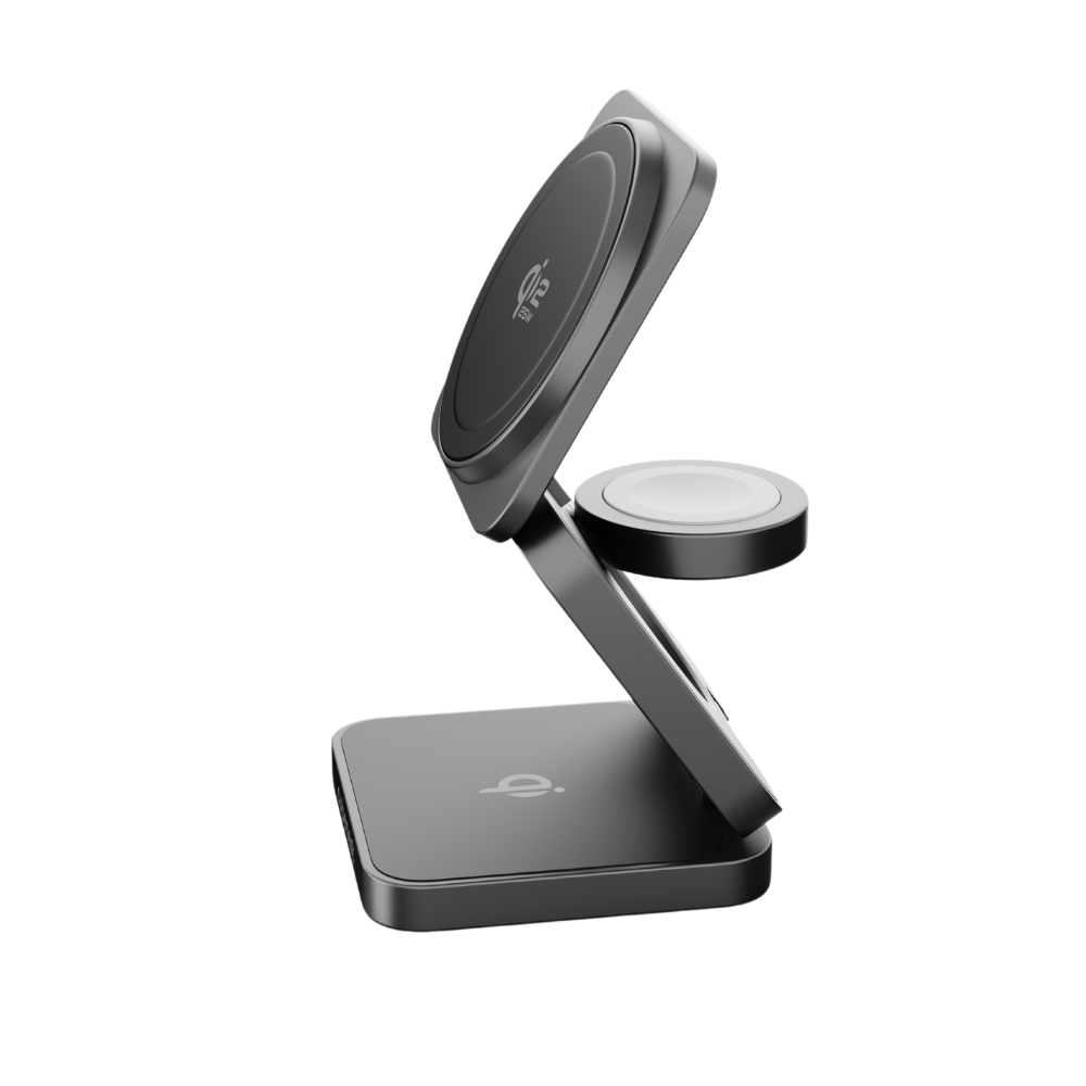 Graues Lade-Dock mit zwei Ladeflächen für Handy und Uhr.