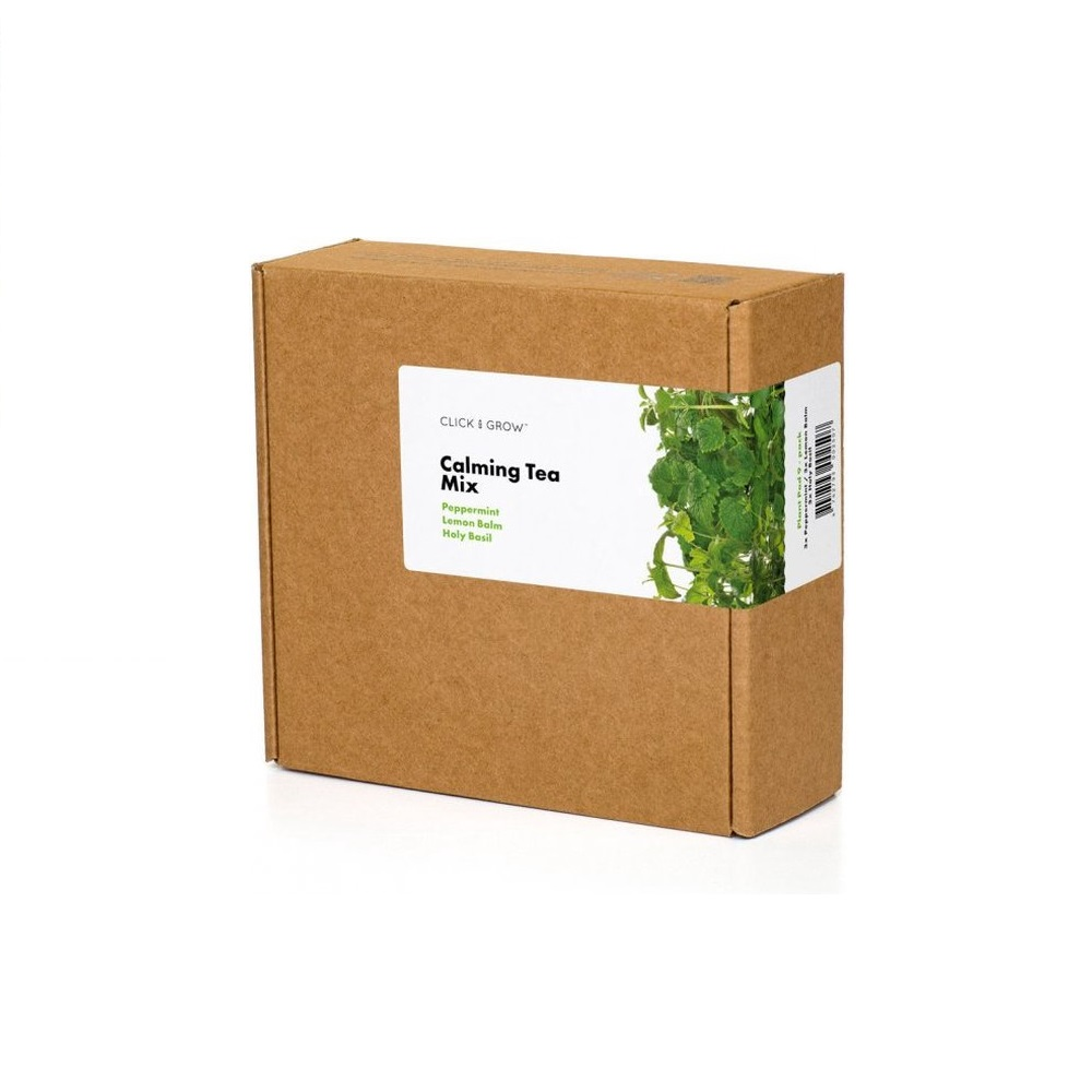 Boîte en carton marron avec étiquette : Mélange pour thé apaisant, Menthe, Mélisse, Basilic sacré.