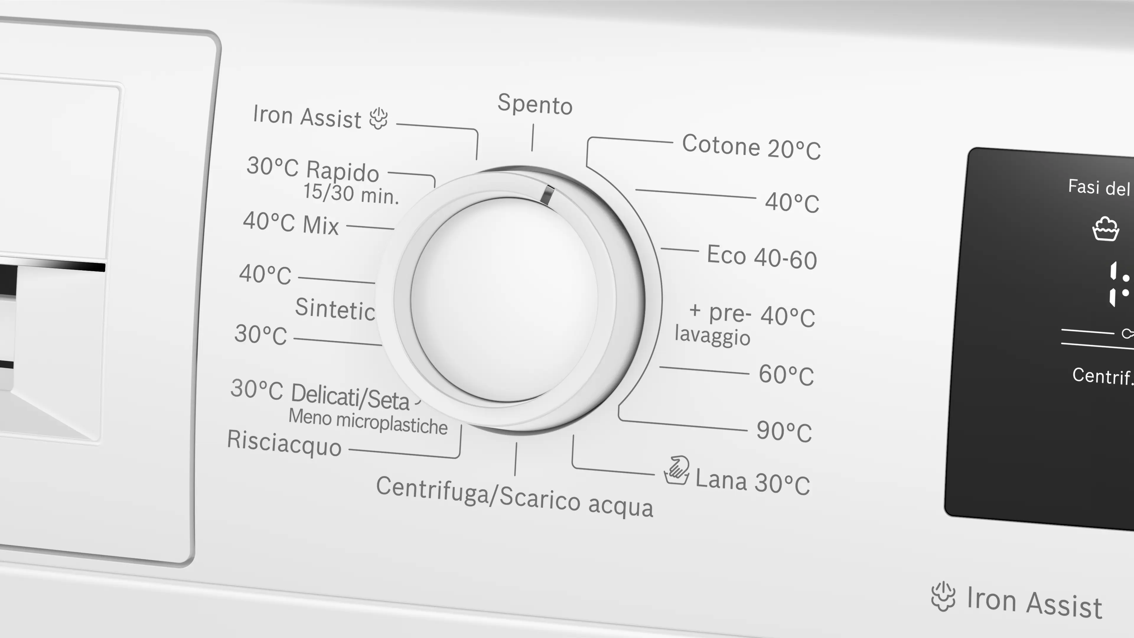 Pannello di controllo lavatrice con manopola e programmi come Cotone, Sintetico, Lana.