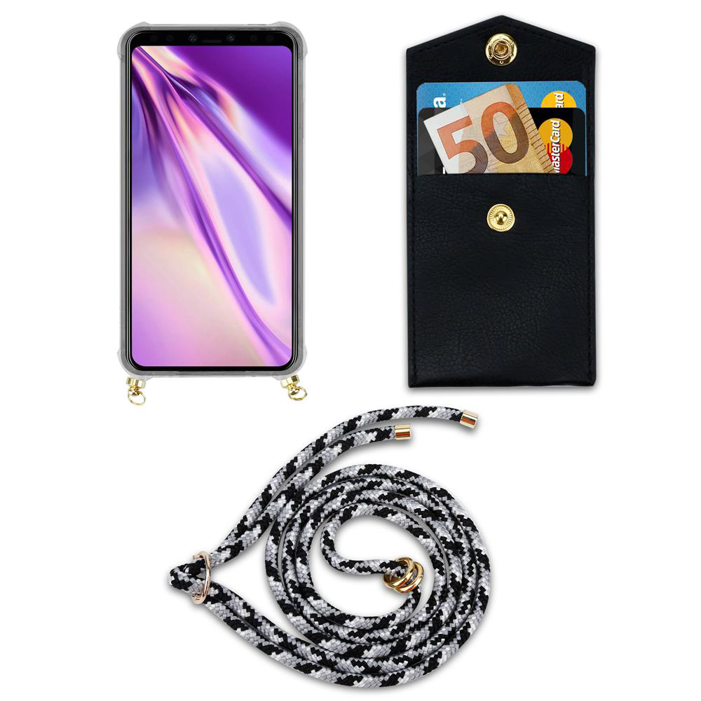 Ein Smartphone mit einer Hülle, einer schwarzen Brieftasche mit Karten und Geld und einer Schnur.