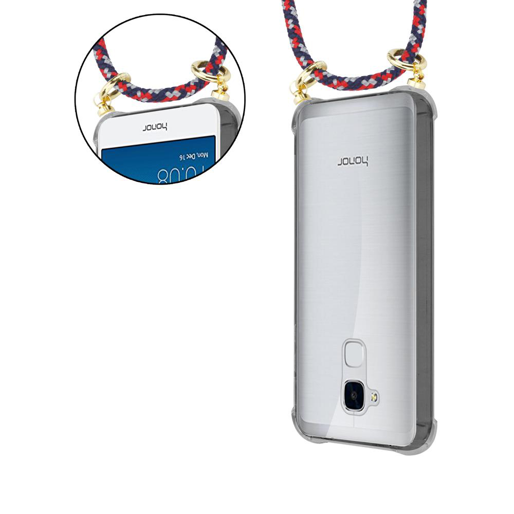 Ein durchsichtiges Handy-Case mit einem bunten Trageband, das am oberen Rand befestigt ist.