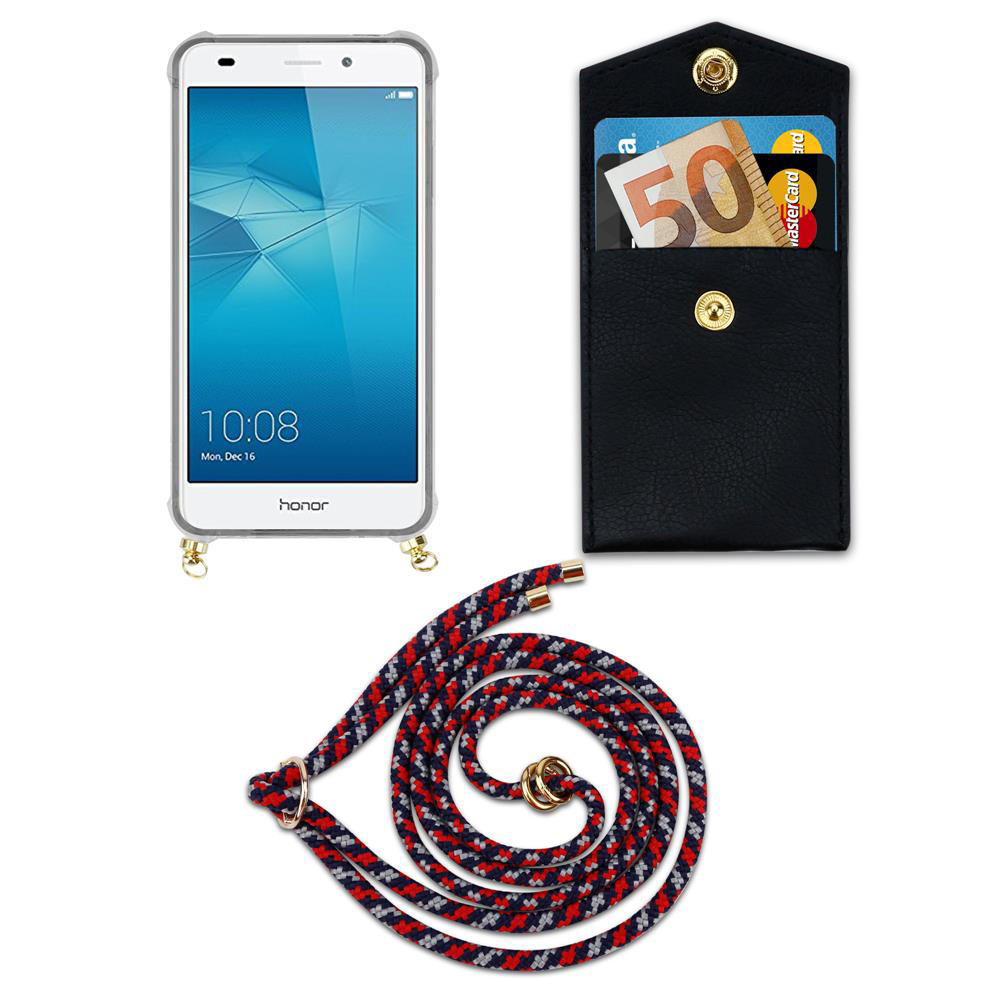 Ein Smartphone, eine schwarze Brieftasche mit Geld und Karten, und eine Kordel.