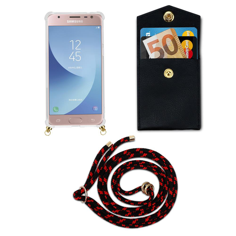 Un telefono Samsung, un portafoglio nero con carte e contanti, e un cordino.