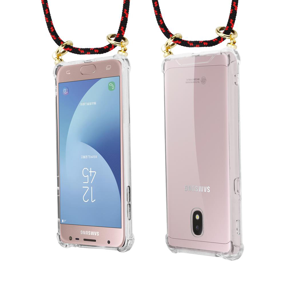 Due telefoni Samsung rosa in custodie trasparenti, uniti da corde.