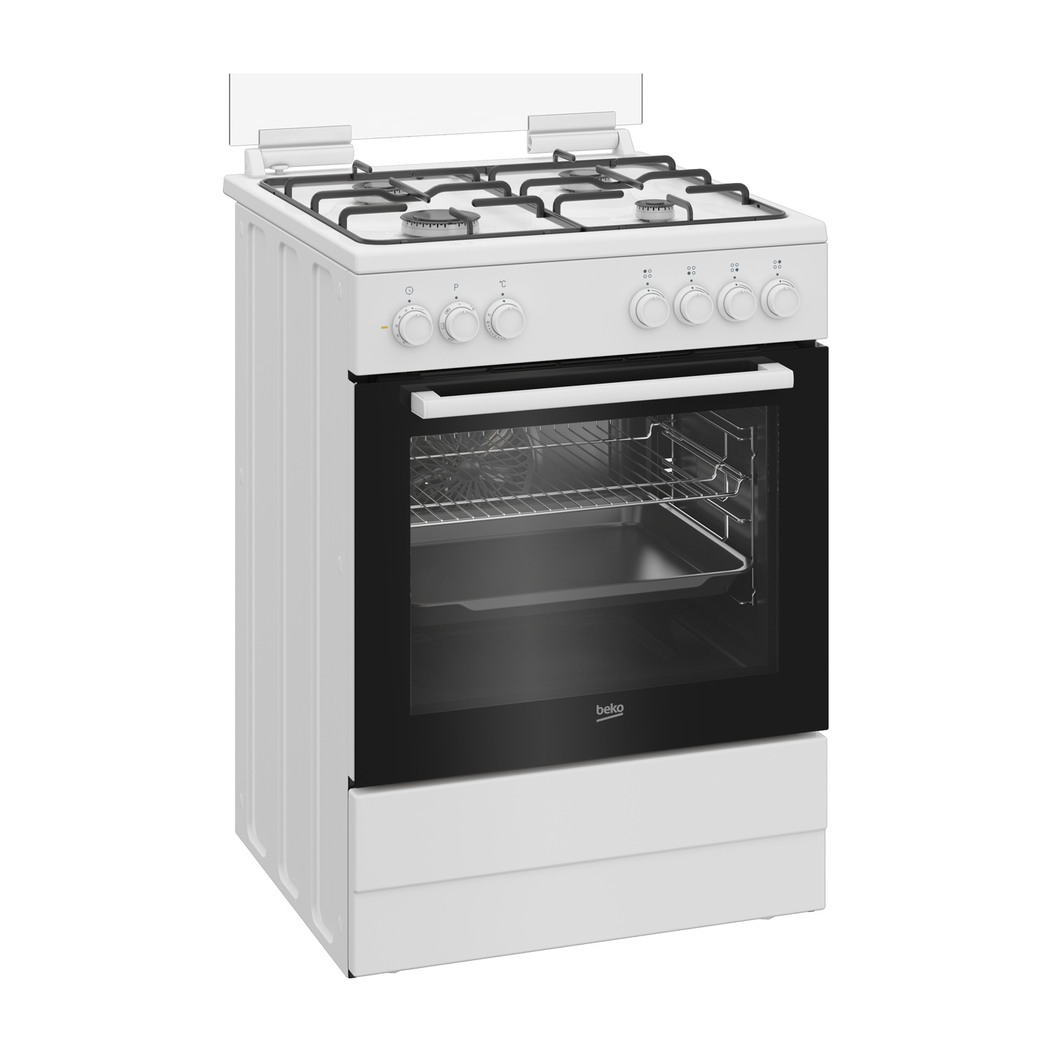 Un fornello a gas bianco con quattro fuochi e porta del forno in vetro.