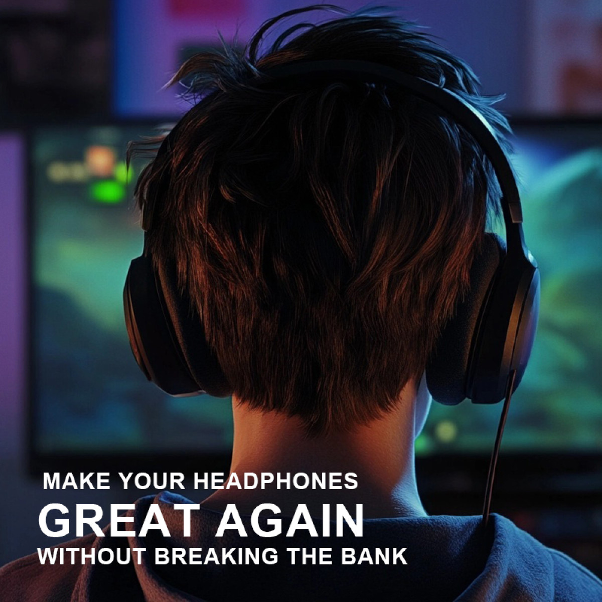 Widok z tyłu osoby noszącej słuchawki, przed świecącym ekranem.