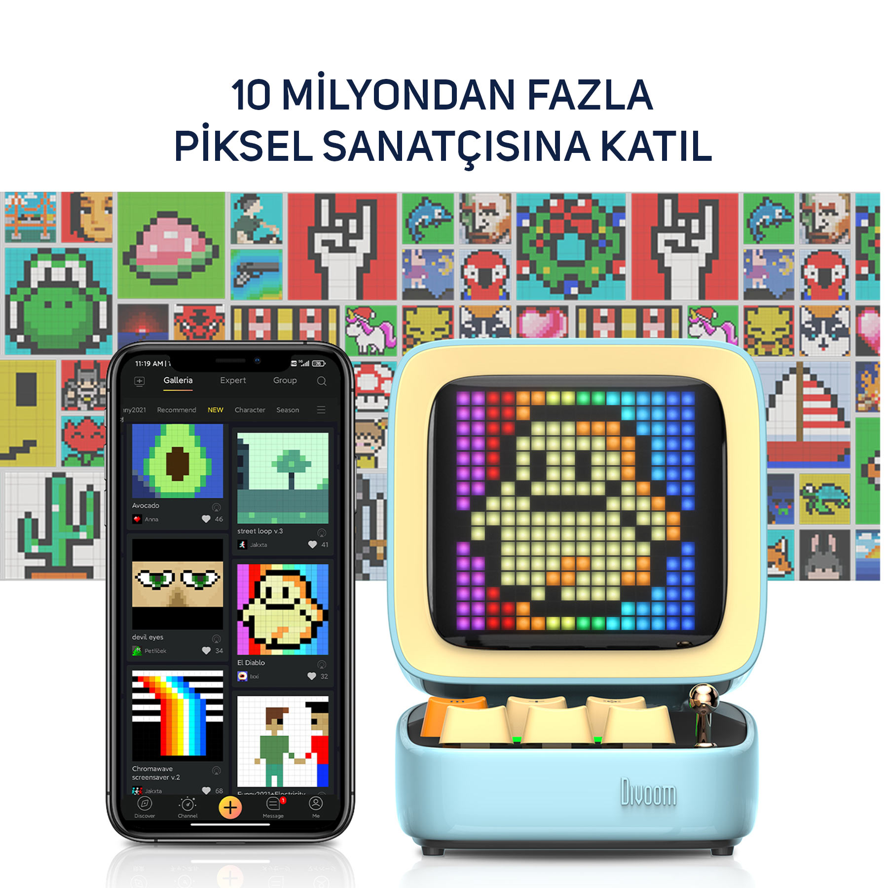 Dispositivo pixel art con smartphone che mostra galleria pixel art. Testo turchese in alto.