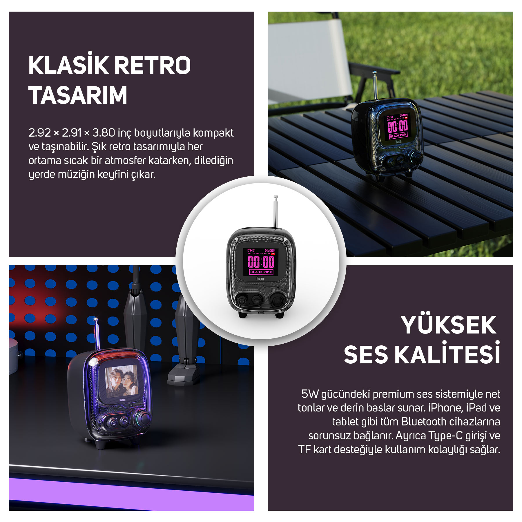 Ekranlı ve antenli siyah retro TV şeklinde hoparlör masada.