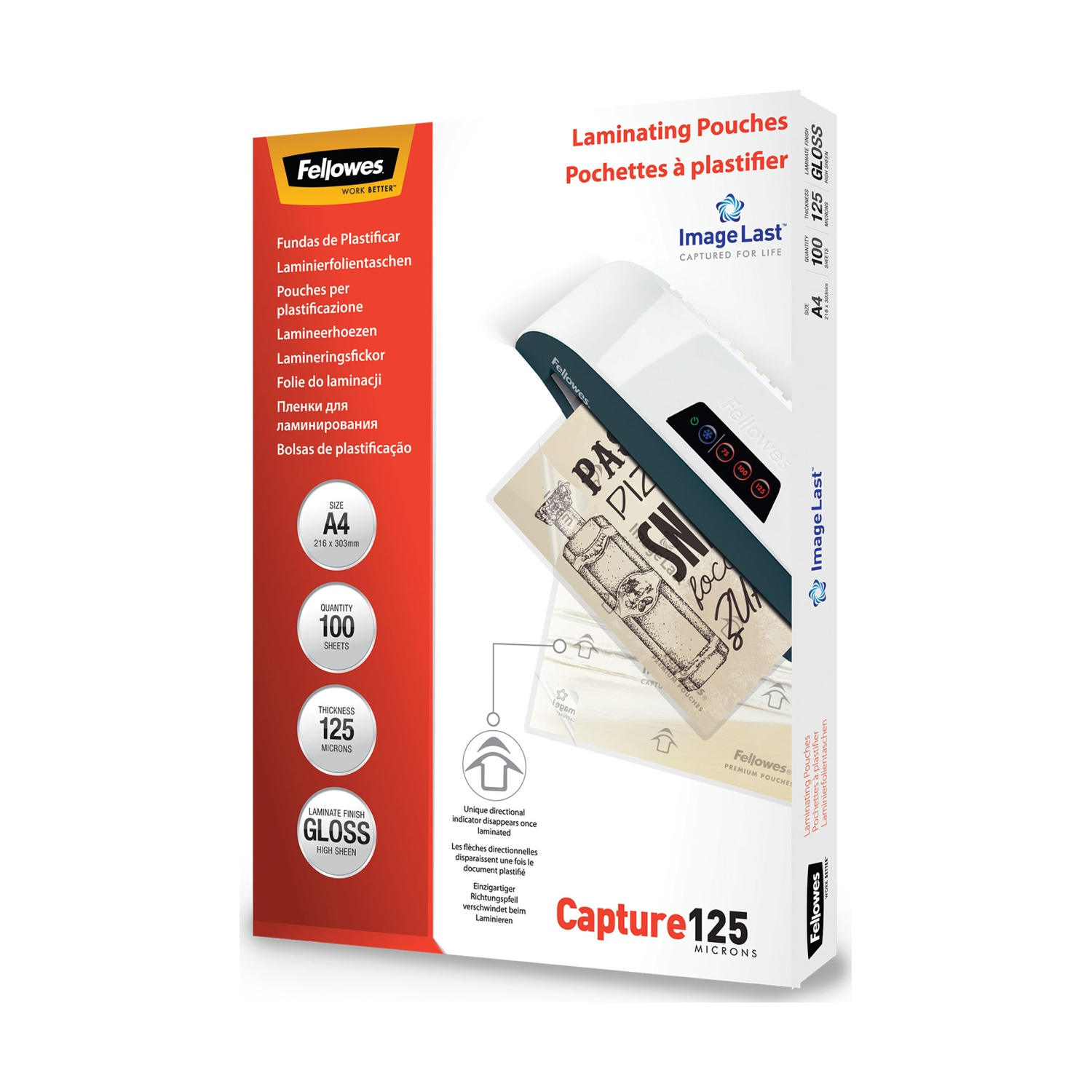 Fundas plastificar Fellowes: 100 A4, 125 micras, acabado brillo.