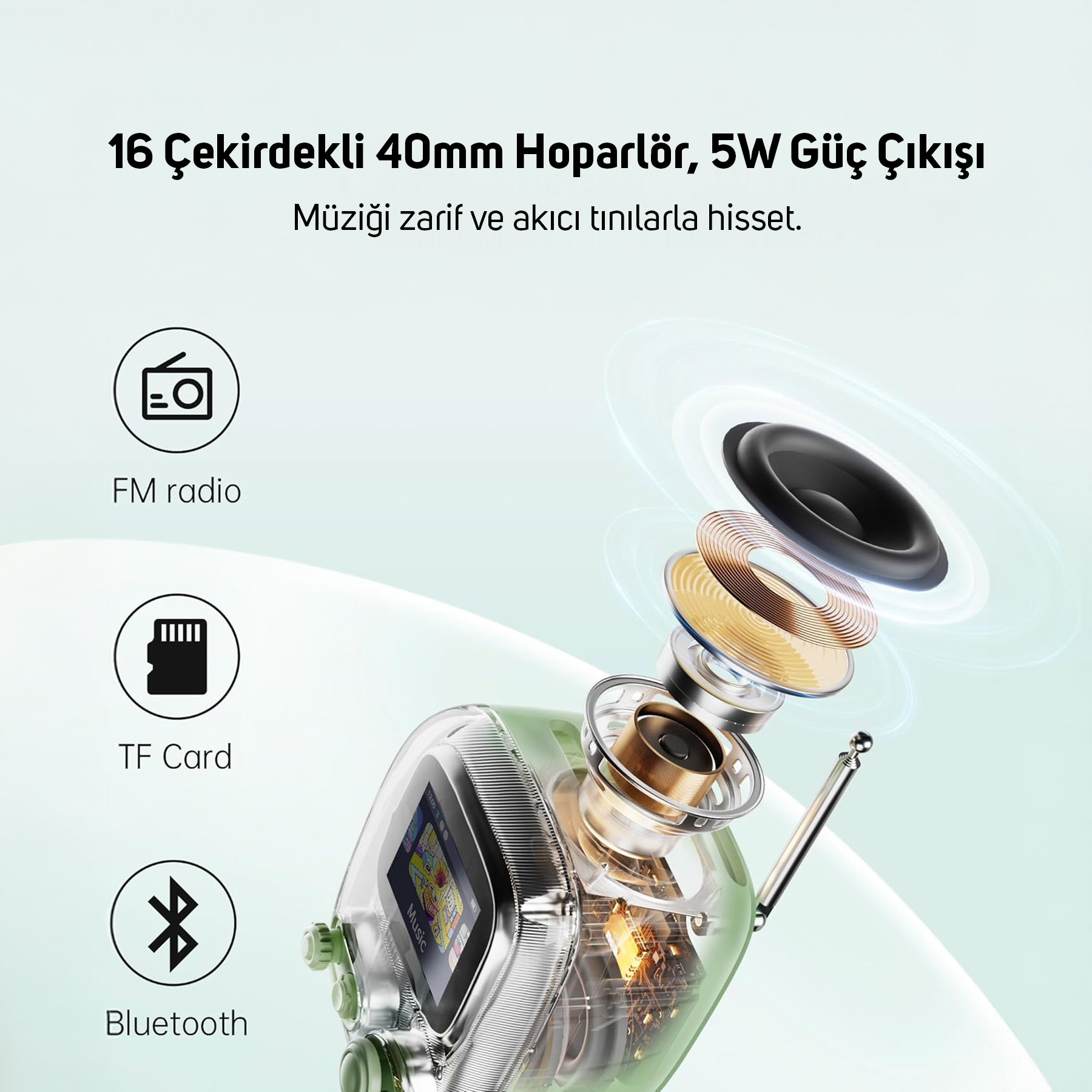 FM radyo, TF kartı ve Bluetooth simgeleriyle hoparlör parçalarını gösteren şeffaf yeşil cihaz.