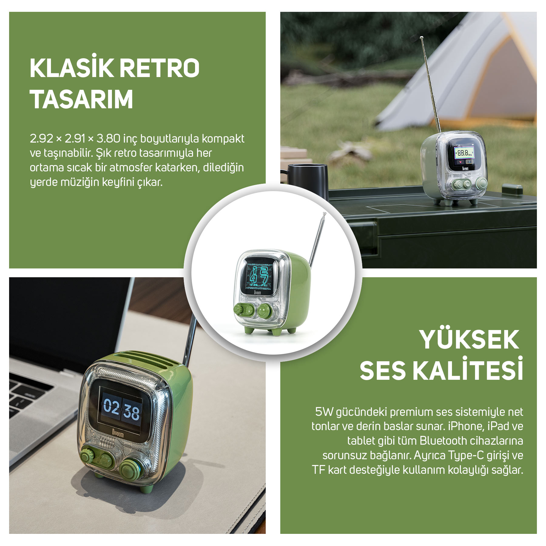 Antenli ve ekranlı yeşil retro hoparlör, dizüstü bilgisayar yanında ve dışarıda.