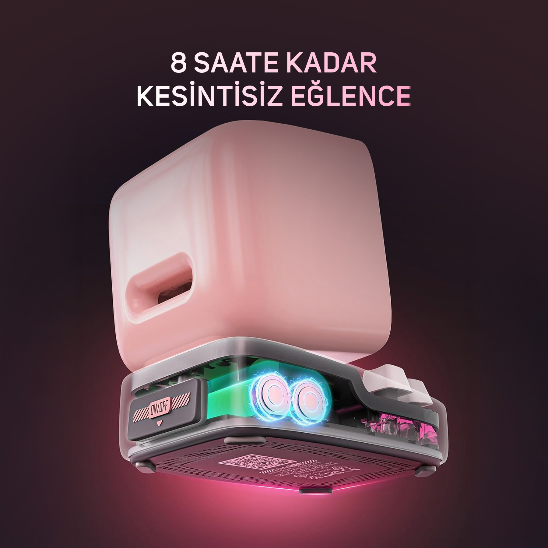 Un dispositivo cubico rosa che mostra le sue batterie e un interruttore ON/OFF.