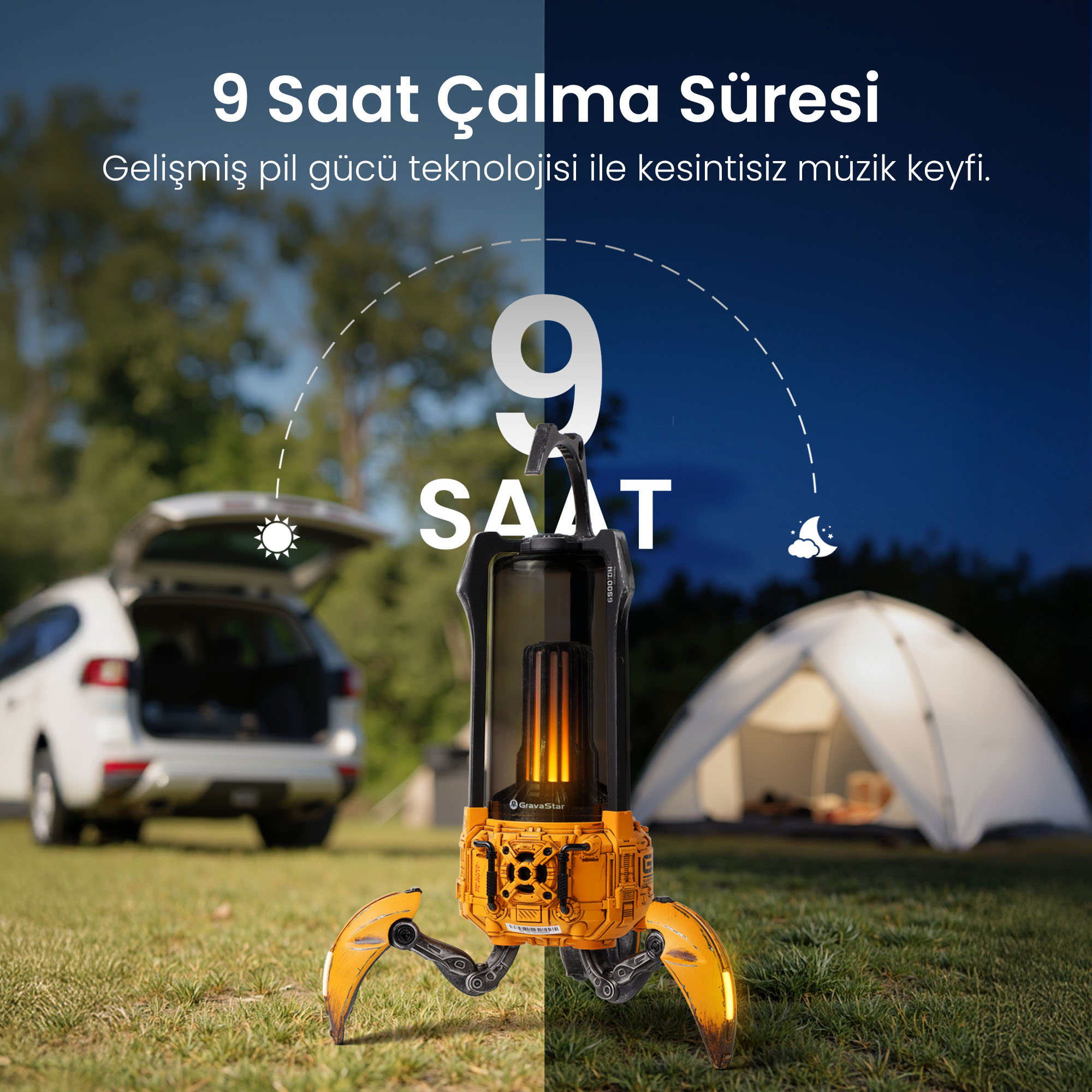 Żółta lampa kempingowa z nogami obok namiotu i samochodu, dzień i noc.