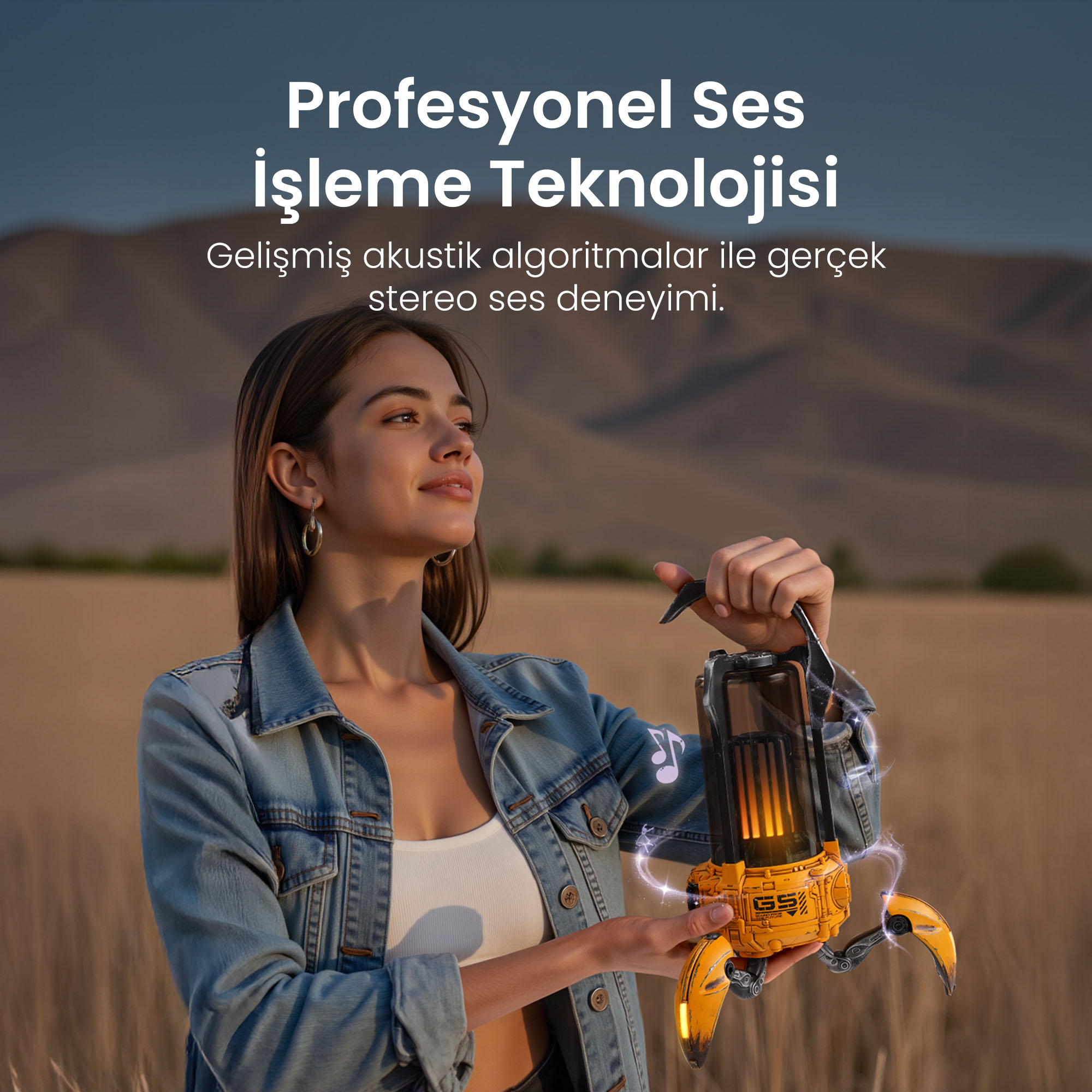 Kobieta trzyma żółte urządzenie z pazurami w polu