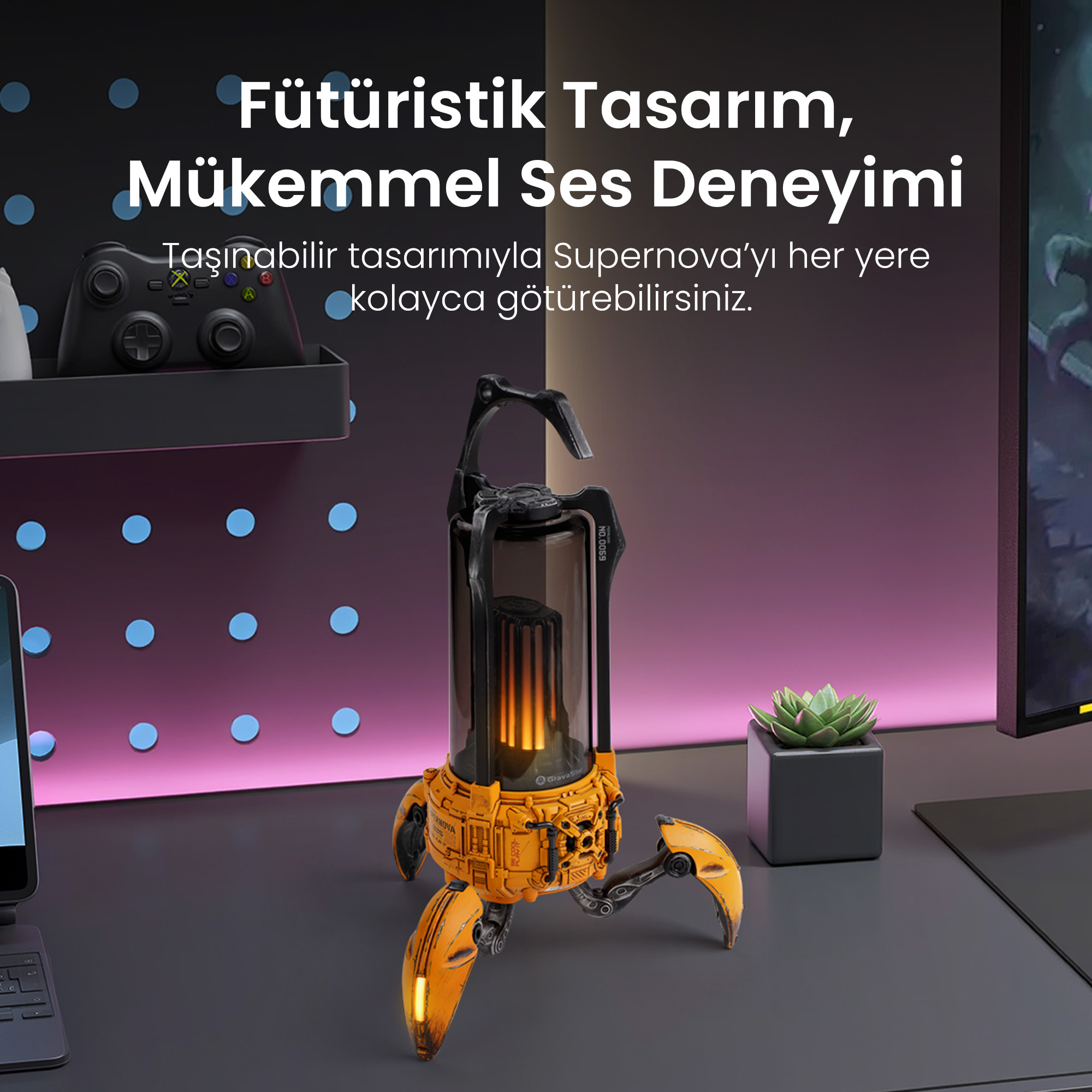 Futurystyczne pomarańczowe urządzenie z nogami stoi na biurku.