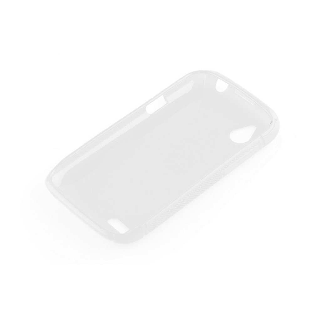 Una cover trasparente per telefono giace su sfondo bianco.