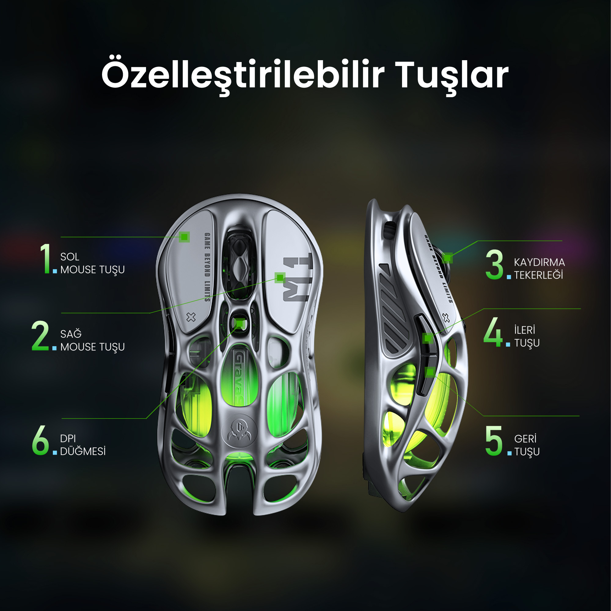 İskelet tasarımlı, yeşil iç aydınlatmalı, özellikleriyle etiketlenmiş gümüş renkli fare.