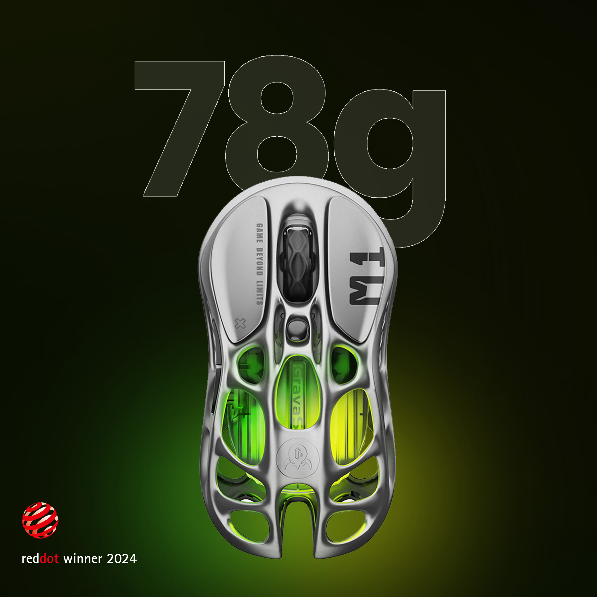 Hafif gümüş oyuncu faresi, "78g" ve "red dot winner 2024" logosu.
