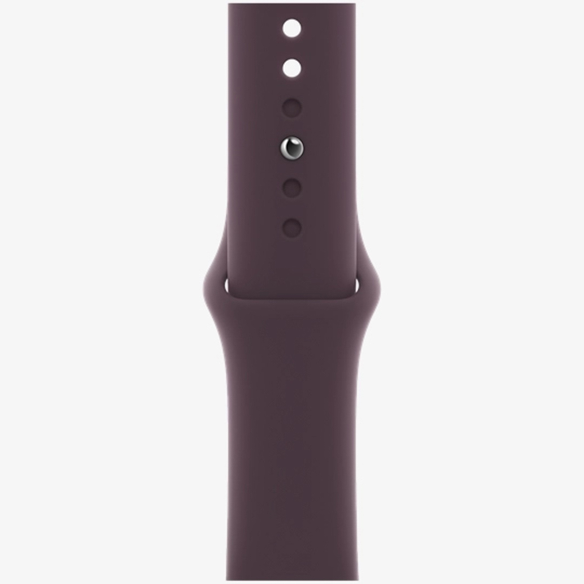 Dunkelviolettes Uhrenarmband aus Silikon mit silbernem Stift und Löchern.