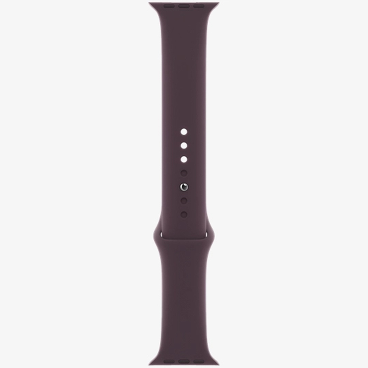 Ein dunkles, purpurfarbenes Uhrenarmband aus Silikon mit
vier
Löchern.