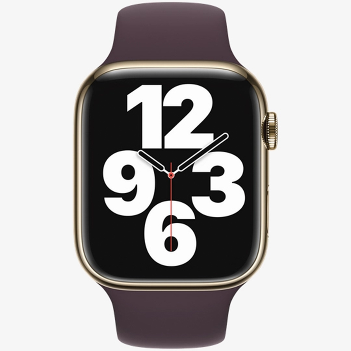 Eine goldene Smartwatch mit braunem Armband zeigt große weiße Ziffern 12, 9, 3 und 6.