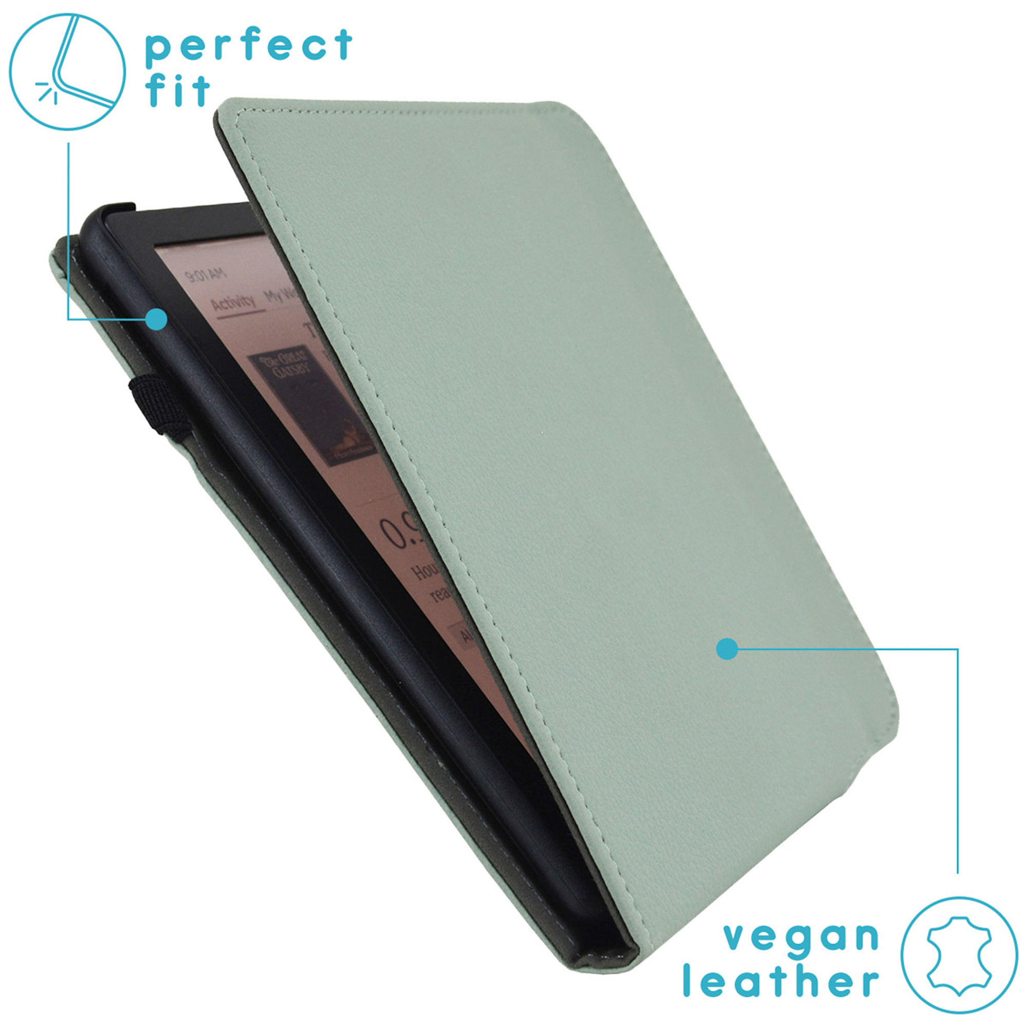 Een lichtgroene vegan lederen Kindle-hoes die een e-reader beschermt.
