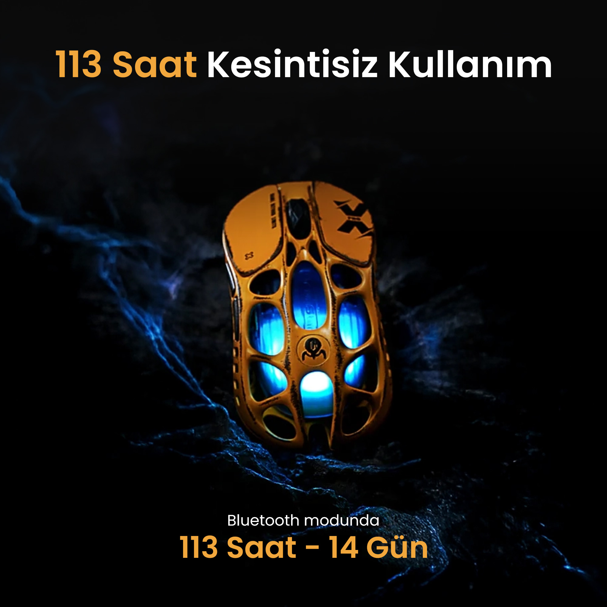 Żółta mysz gamingowa z niebieskimi światłami na ciemnym tle.