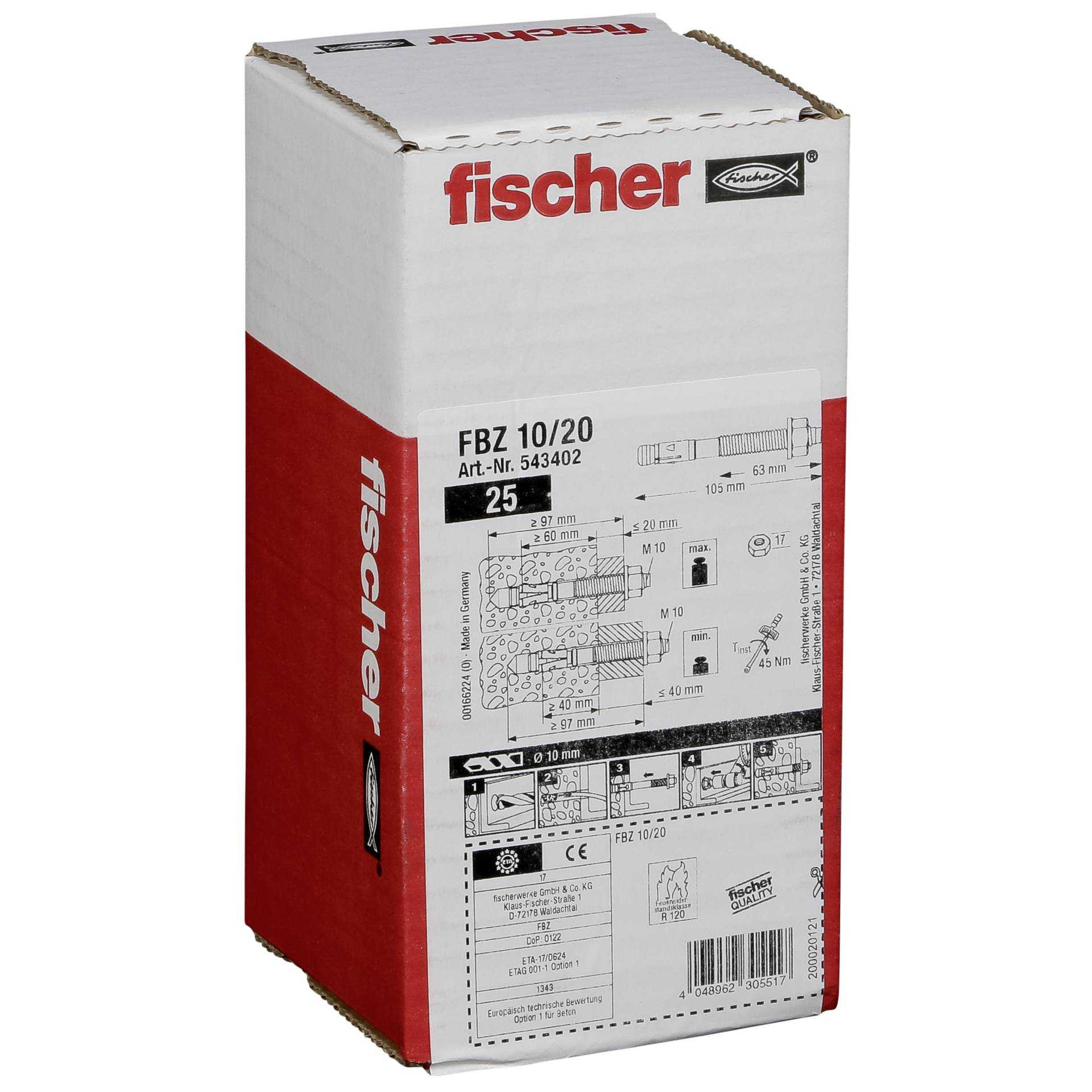 Confezione Fischer FBZ 10/20 con informazioni sul prodotto e guida all'installazione.