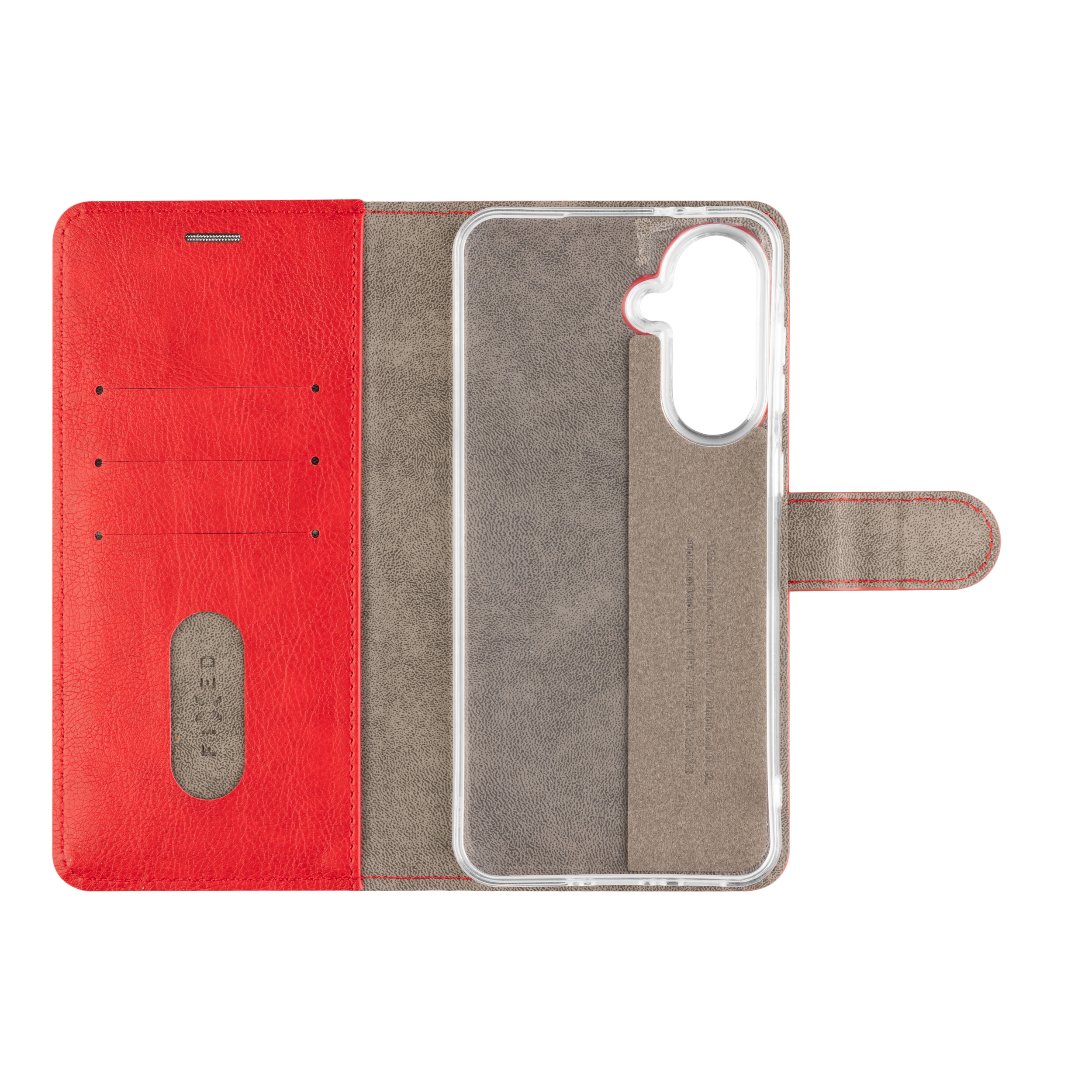 Rote Lederhülle mit Kartenfächern und durchsichtigem Handyhalter.
