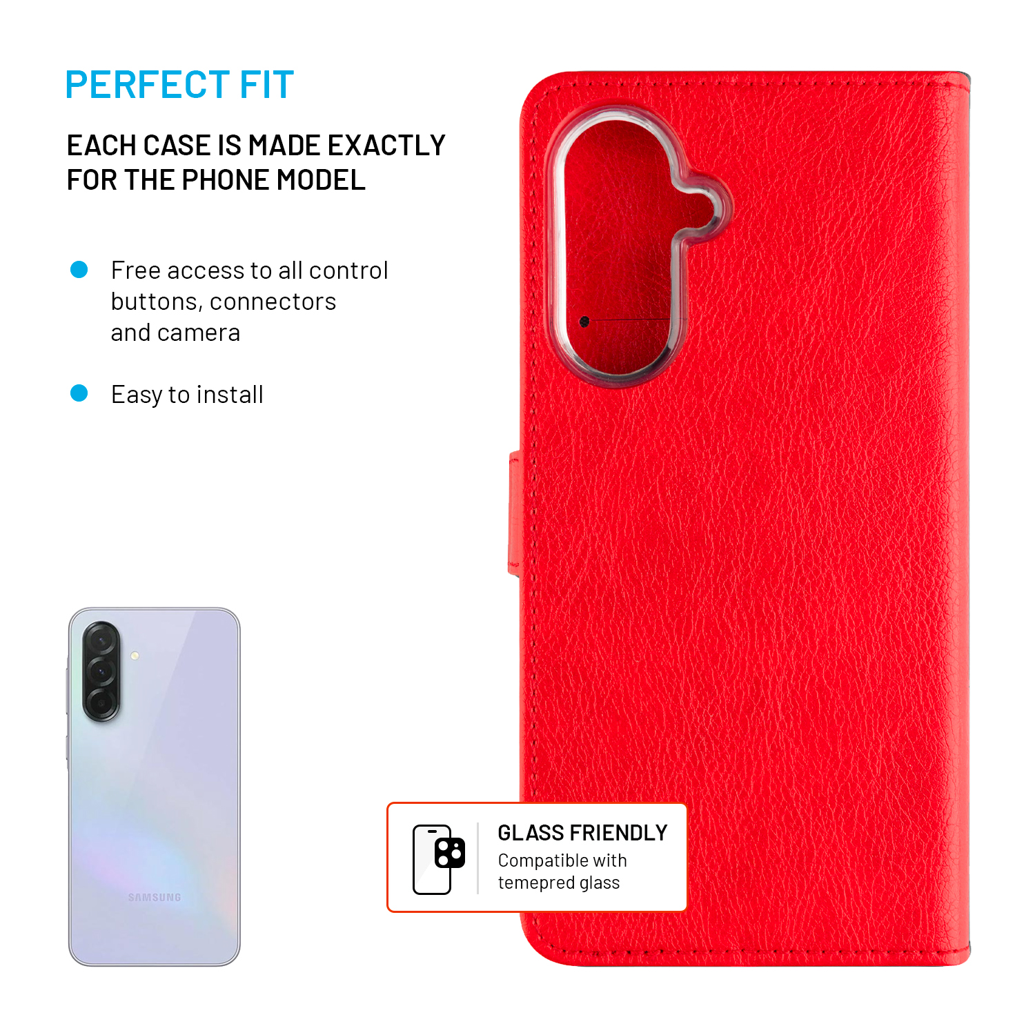 Rote Handyhülle neben einem weißen Samsung-Telefon. Perfekte Passform.