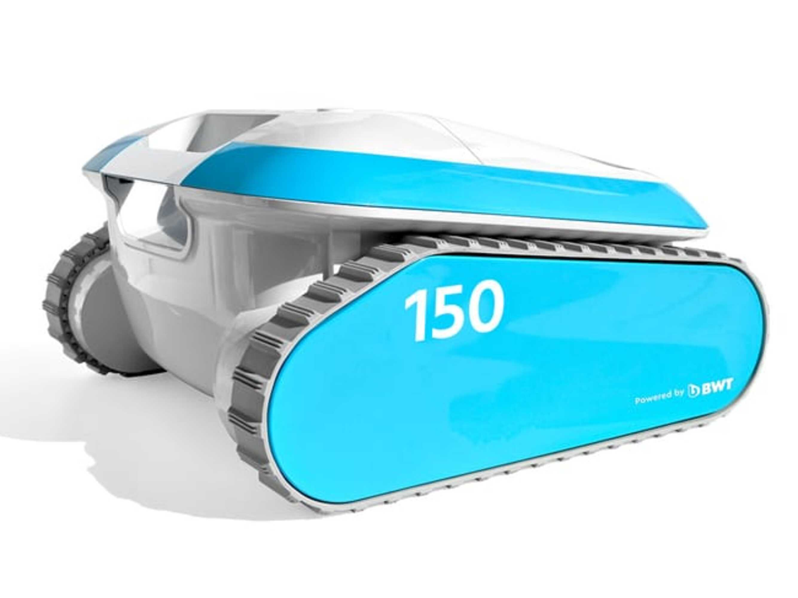 Un robot de piscina azul y blanco con orugas, etiquetado '150'.