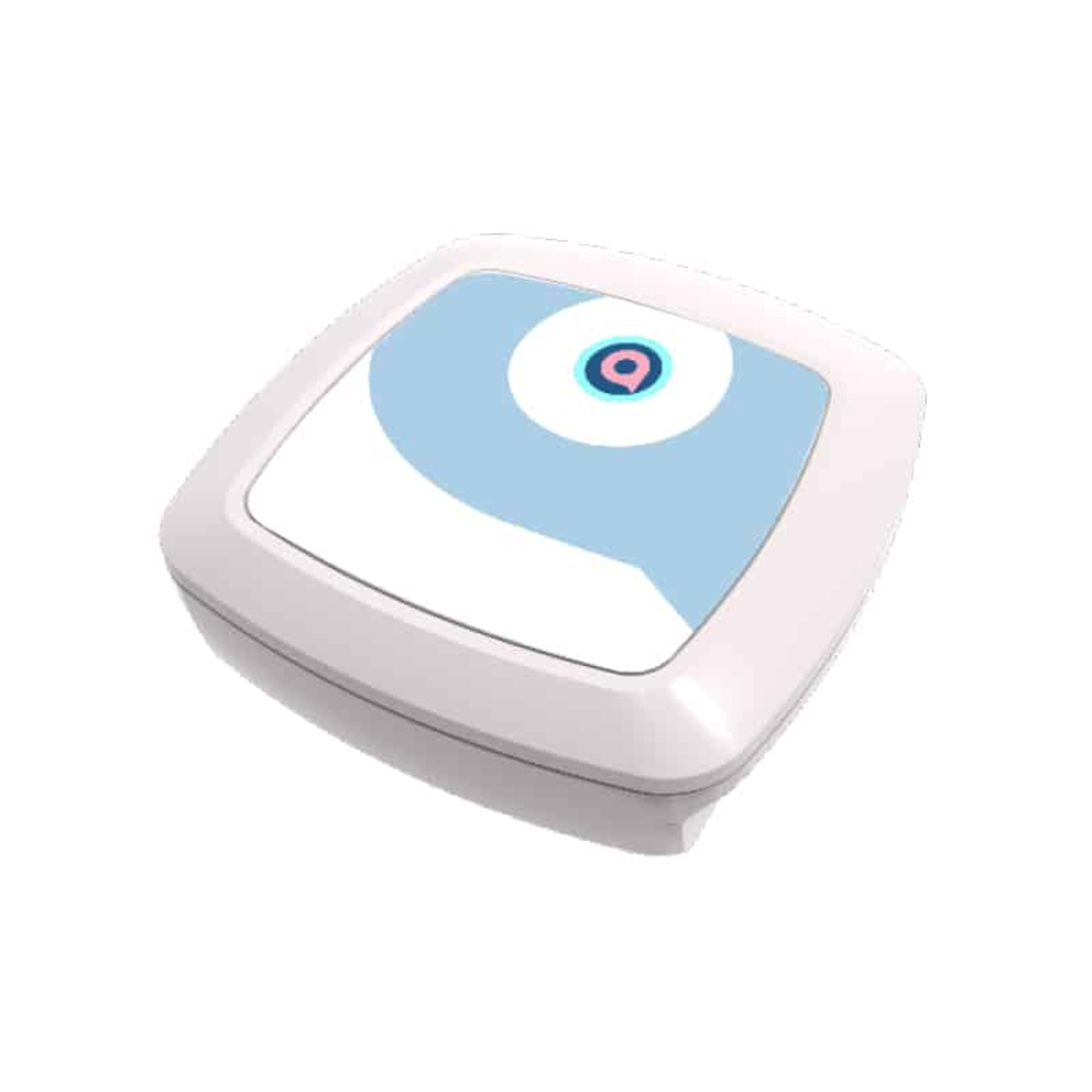Un dispositivo blanco y cuadrado con un patrón azul y blanco y un símbolo de ojo estilizado.