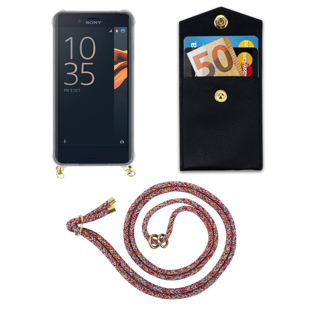 Smartphone Sony con funda, tarjetero con billete de 50€ y cordón.