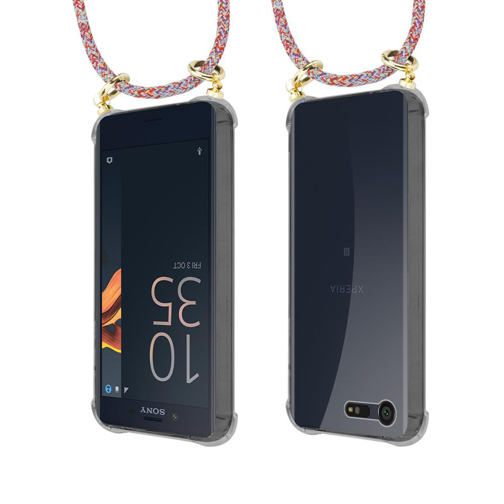 Dos teléfonos Sony Xperia con cordón. Uno muestra la pantalla, el otro la parte trasera.