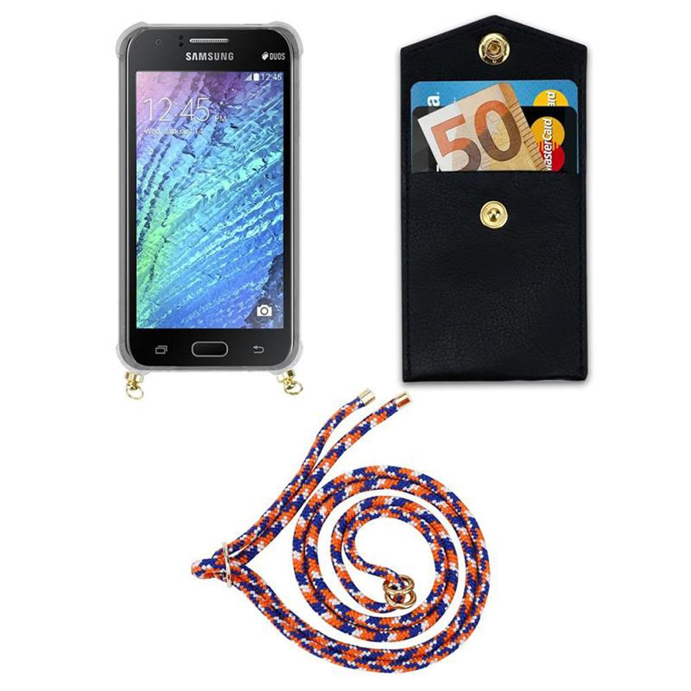 Telefono Samsung con portafoglio nero e cordino arancio-blu